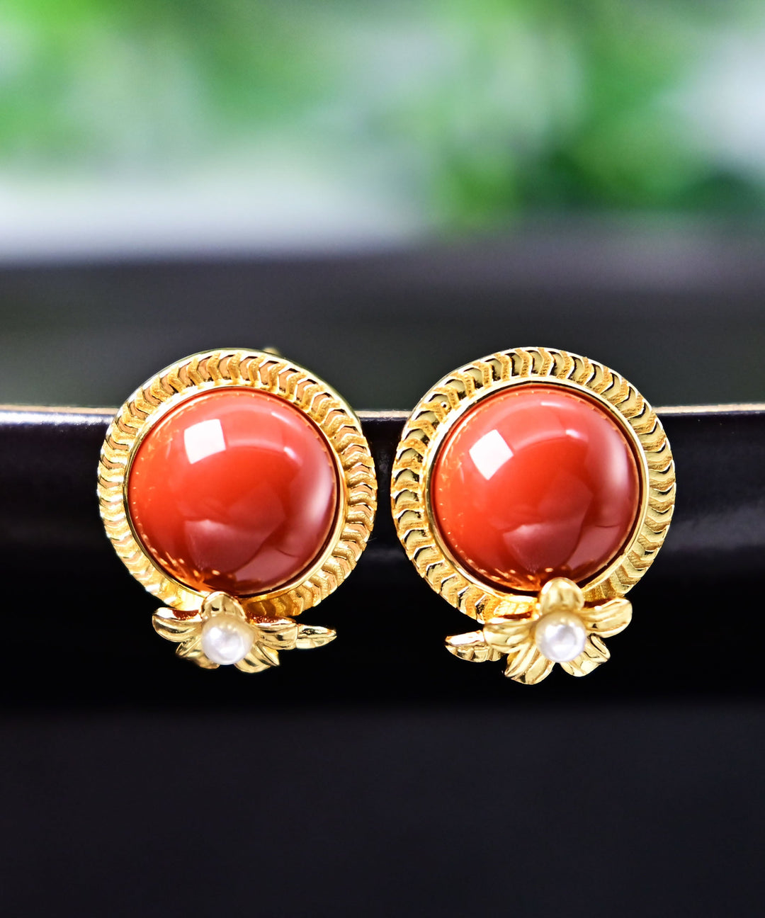 Fashion Red Sterling Silver Overgild Agate Pearl Stud Earrings