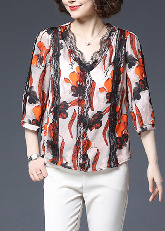 Fashion Red V Neck Print Hollow Out Patchwork Chiffon Top Three Quarter Sleeve