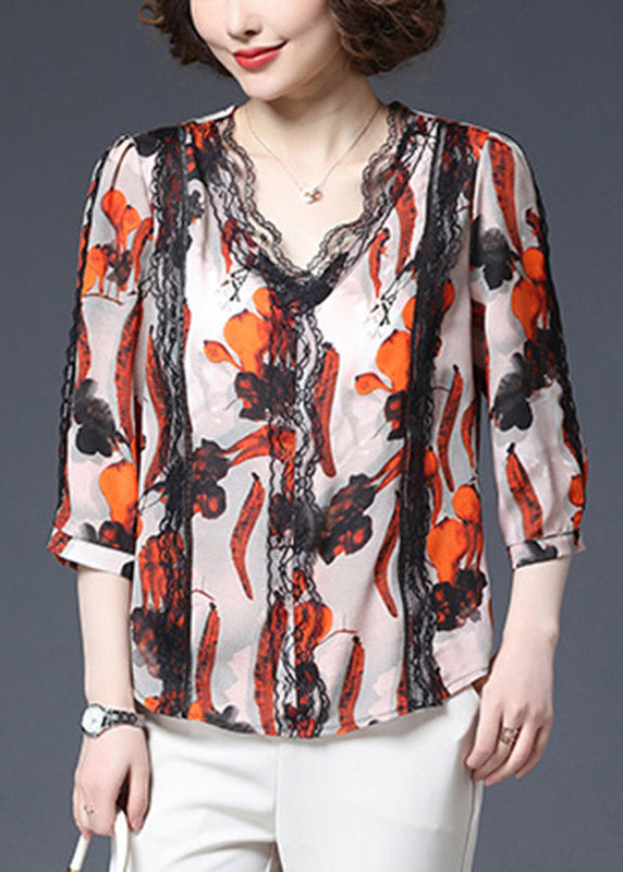 Fashion Red V Neck Print Hollow Out Patchwork Chiffon Top Three Quarter Sleeve