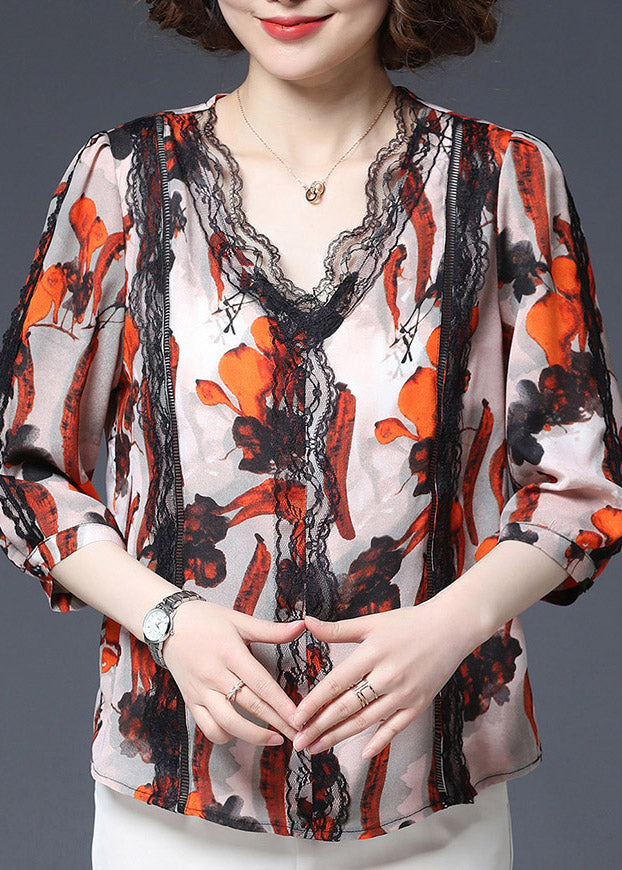 Fashion Red V Neck Print Hollow Out Patchwork Chiffon Top Three Quarter Sleeve