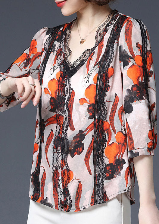 Fashion Red V Neck Print Hollow Out Patchwork Chiffon Top Three Quarter Sleeve