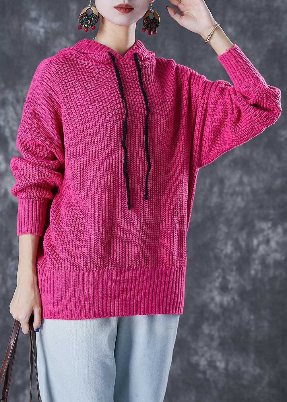 Fashion Rose Hooded Drawstring Knit Sweatshirts Tracksuits Fall