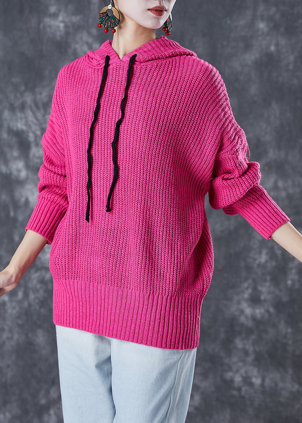 Fashion Rose Hooded Drawstring Knit Sweatshirts Tracksuits Fall