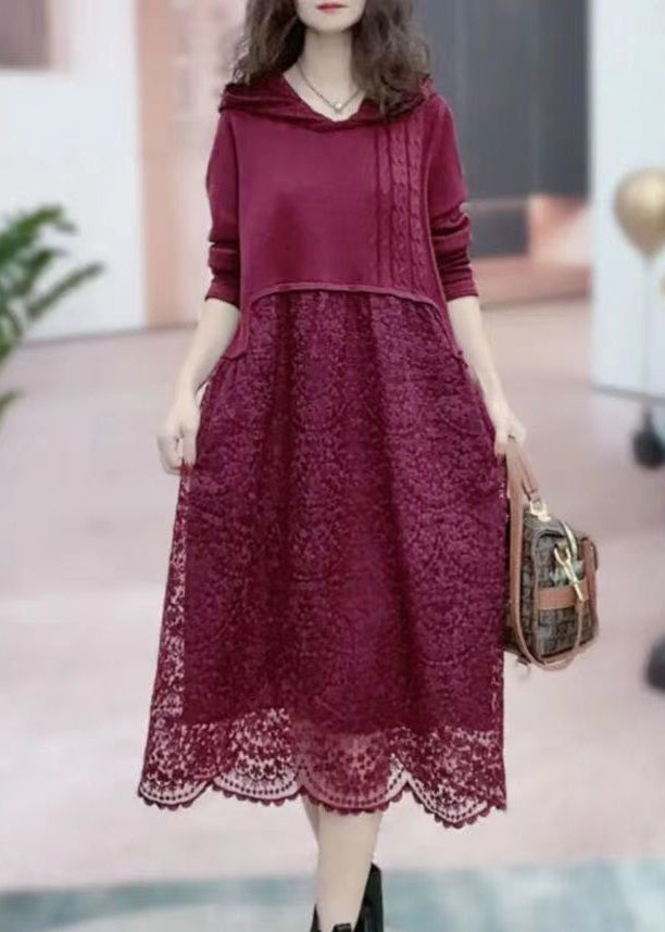Fashion Rose Hooded Patchwork Lace Long Dresses Fall