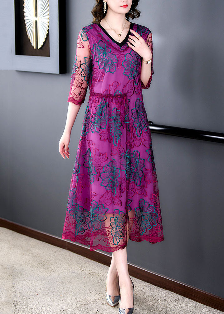 Fashion Rose V Neck Embroideried Patchwork Silk Dresses Summer