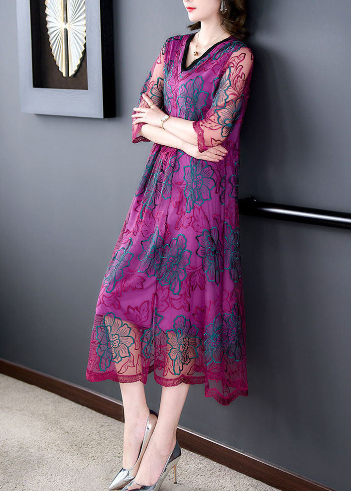 Fashion Rose V Neck Embroideried Patchwork Silk Dresses Summer