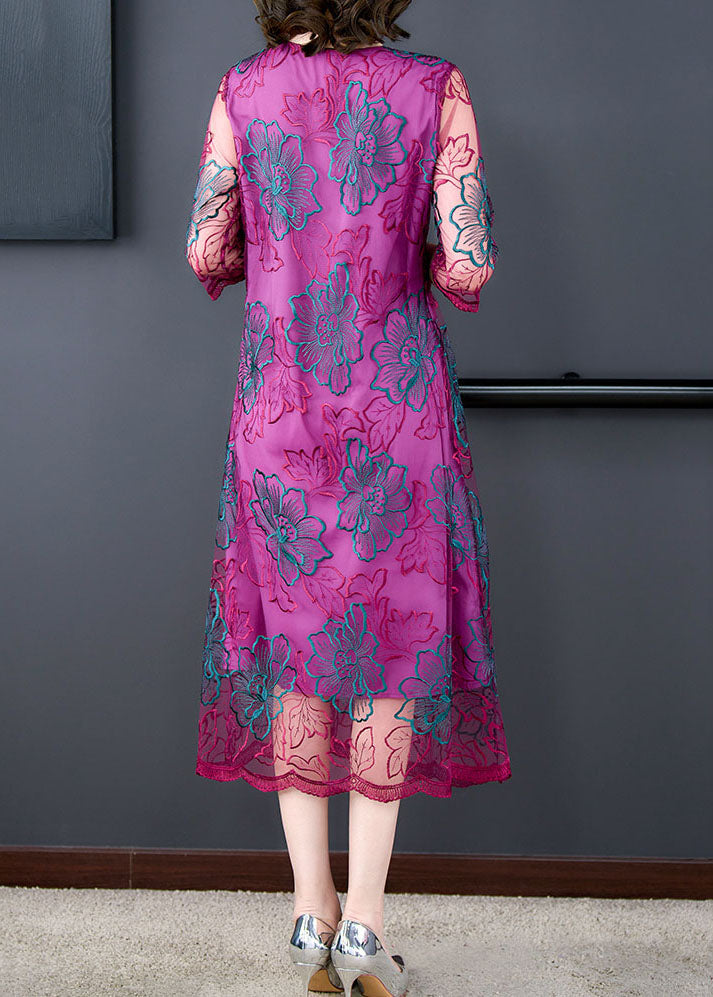 Fashion Rose V Neck Embroideried Patchwork Silk Dresses Summer