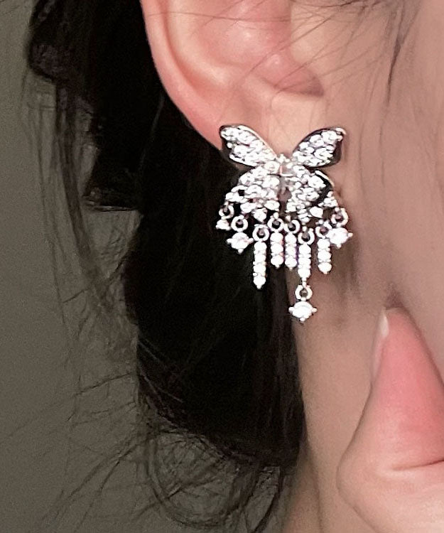 Fashion Silk Sterling Silver Alloy Inlaid Zircon Butterfly Tassel Drop Earrings