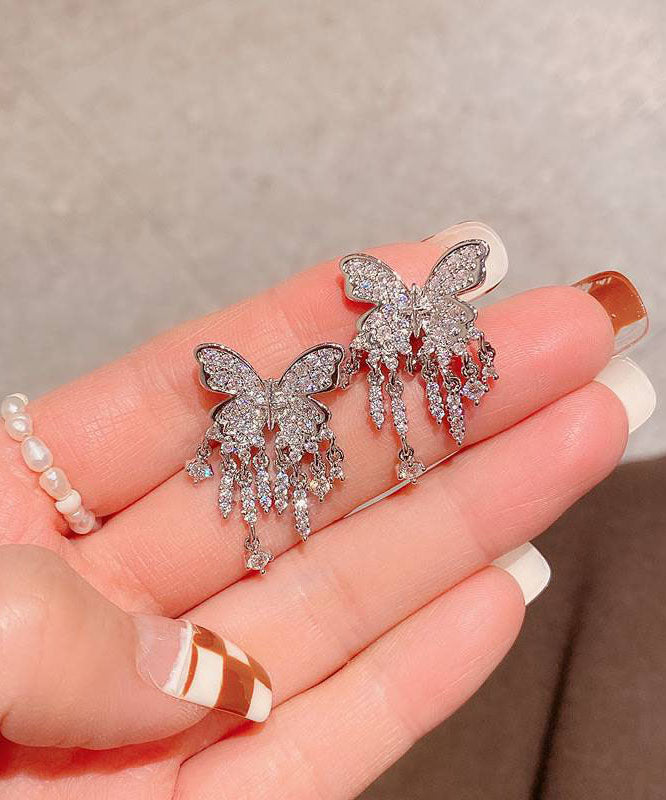 Fashion Silk Sterling Silver Alloy Inlaid Zircon Butterfly Tassel Drop Earrings