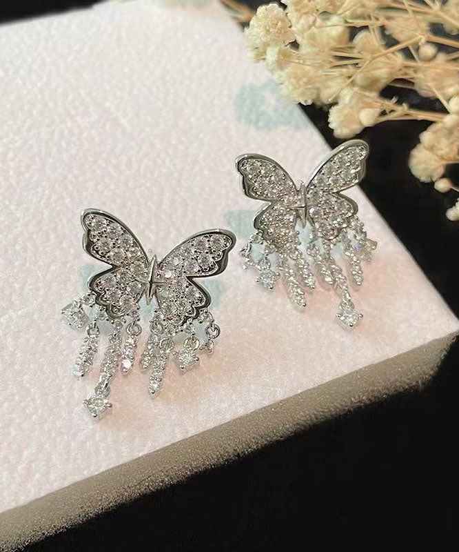 Fashion Silk Sterling Silver Alloy Inlaid Zircon Butterfly Tassel Drop Earrings