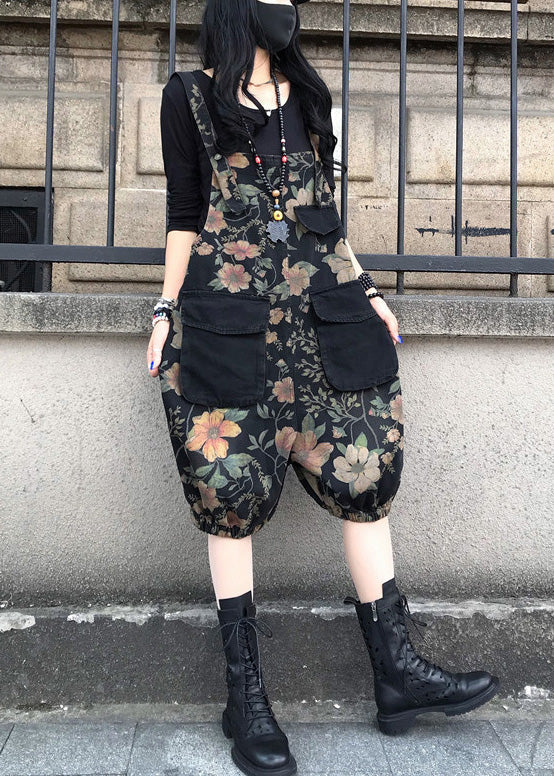 Fashion Slash Neck Print Patchwork Button Denim Jumpsuit