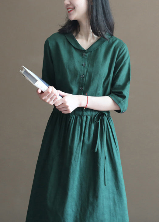 Fashion Solid Green Drawstring Peter Pan Collar Linen Long Dress Half Sleeve