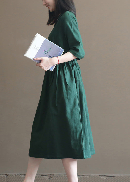 Fashion Solid Green Drawstring Peter Pan Collar Linen Long Dress Half Sleeve