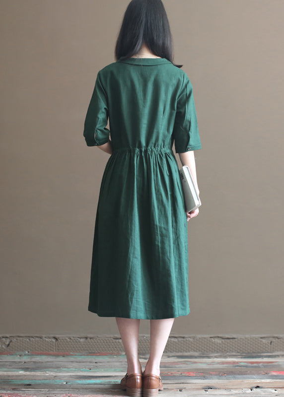 Fashion Solid Green Drawstring Peter Pan Collar Linen Long Dress Half Sleeve