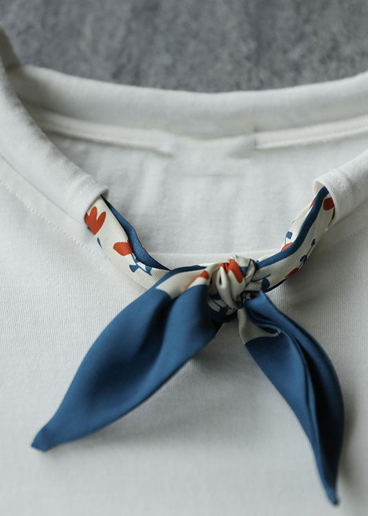 Fashion Solid White O-Neck Drawstring Bow Cotton Tank Short Sleeve