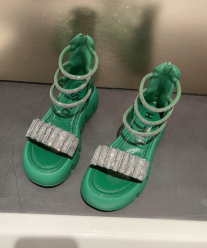 Fashion Splicing Zircon Platform Sandals Green Faux Leather