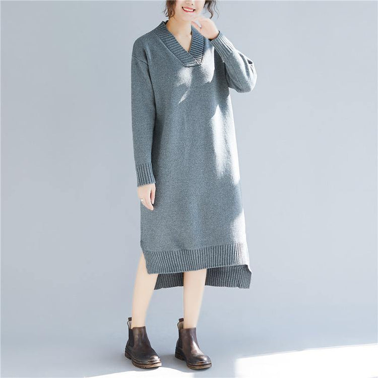 Fashion Sweater outfits v neck gray Funny knit dresses - Omychic