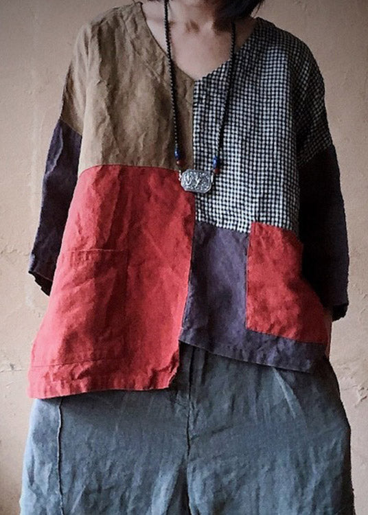 Fashion V Neck Pockets Asymmetrical Patchwork Pockets Linen Tops Long Sleeve