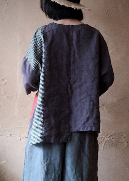 Fashion V Neck Pockets Asymmetrical Patchwork Pockets Linen Tops Long Sleeve