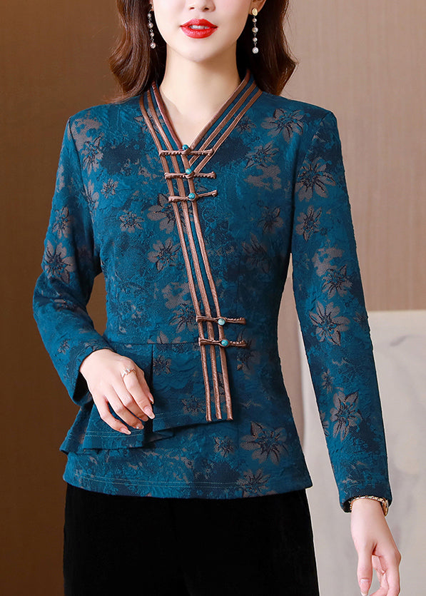 Fashion V Neck Print Patchwork Button Knit Shirt Spring