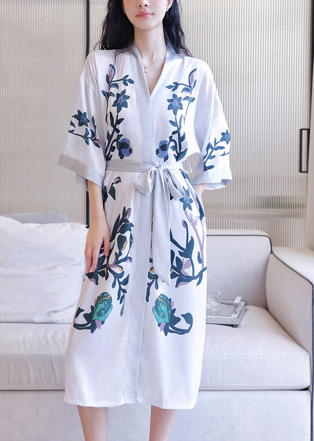 Fashion V Neck Print Tie Waist Ice Silk Maxi Robe Long Sleeve