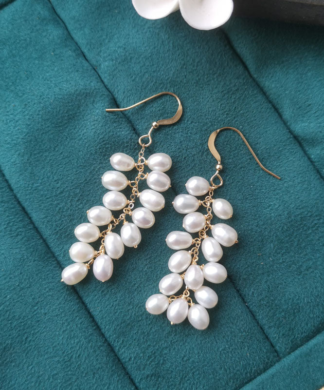 Fashion White 14K Gold Pearl Grape Skewers Drop Earrings