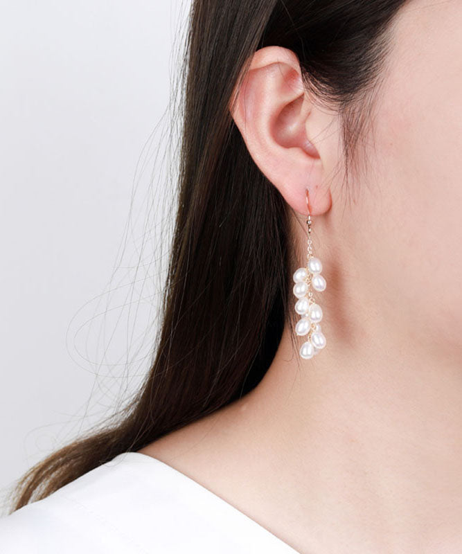 Fashion White 14K Gold Pearl Grape Skewers Drop Earrings