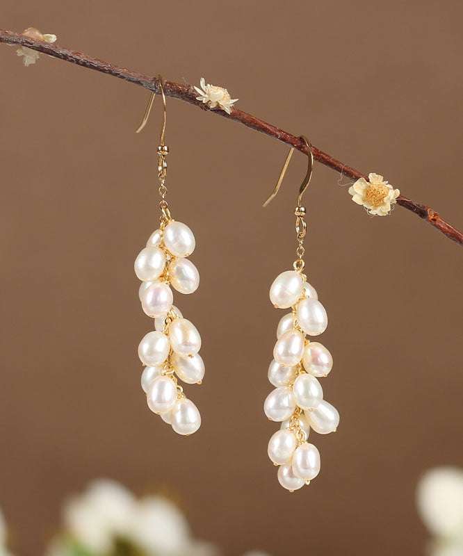 Fashion White 14K Gold Pearl Grape Skewers Drop Earrings