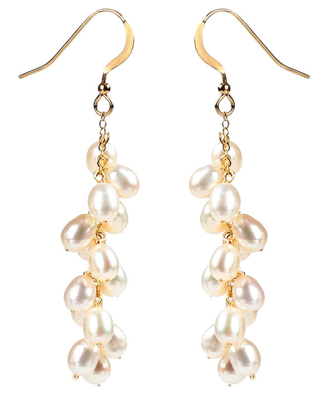 Fashion White 14K Gold Pearl Grape Skewers Drop Earrings