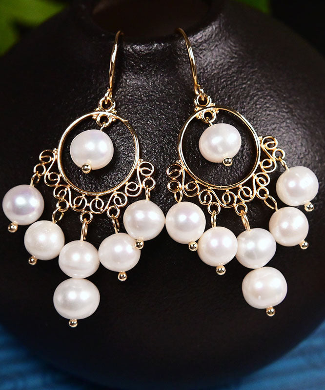 Fashion White 14K Gold Pearl Tassel Drop Earrings
