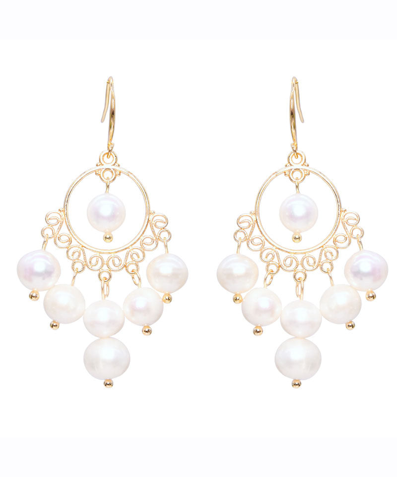 Fashion White 14K Gold Pearl Tassel Drop Earrings