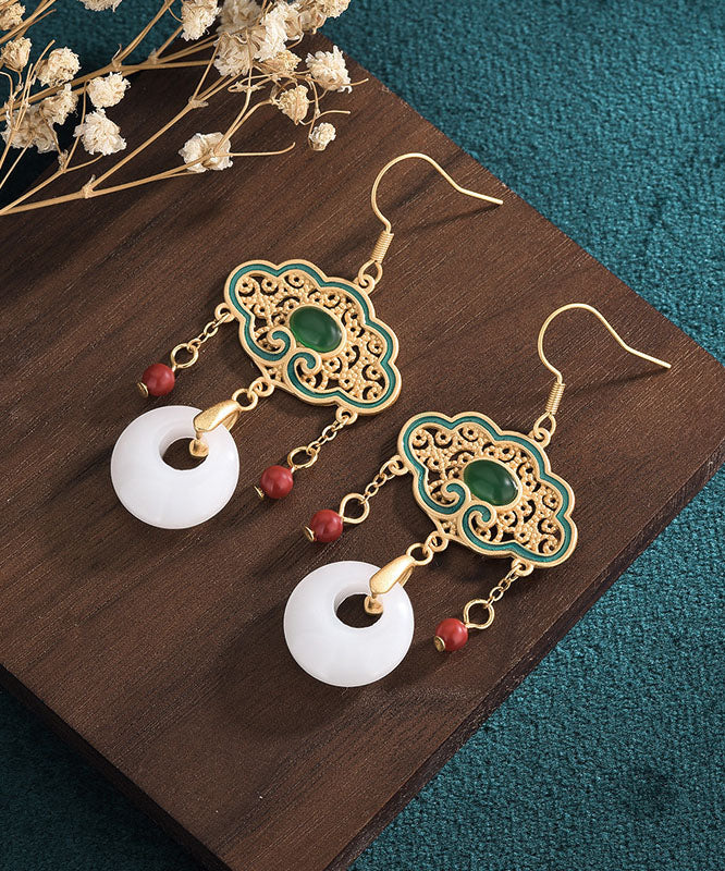 Fashion White Alloy Inlaid Gem Stone Jade Cloisonne Enamel Tassel Ping Buckle Drop Earrings