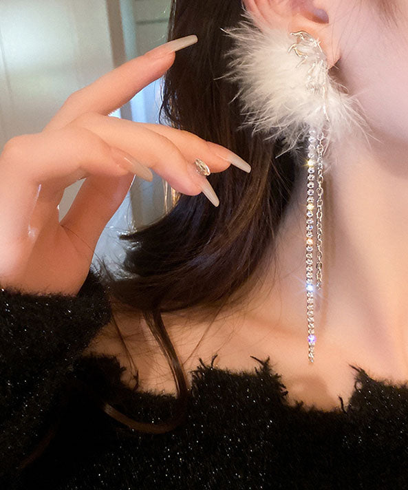 Fashion White Alloy Zircon Butterfly Plume Tassel Drop Earrings