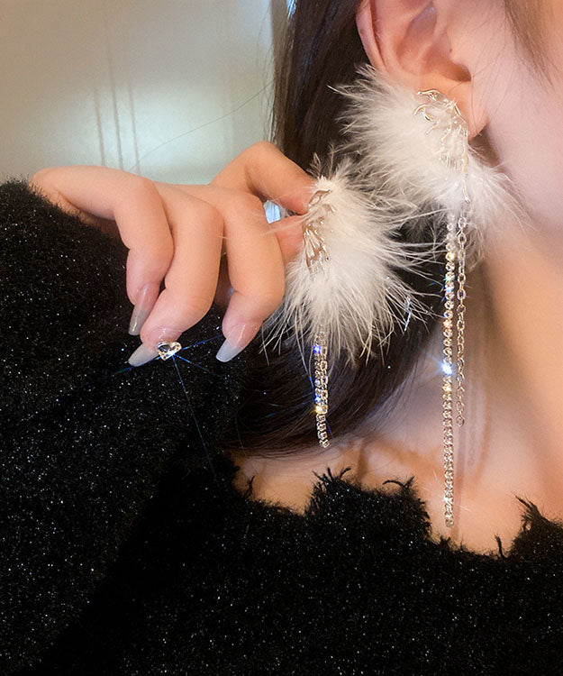 Fashion White Alloy Zircon Butterfly Plume Tassel Drop Earrings