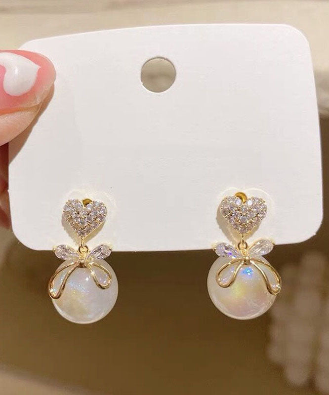 Fashion White Copper Overgild 14K Gold Pearl Zircon Bow Drop Earrings