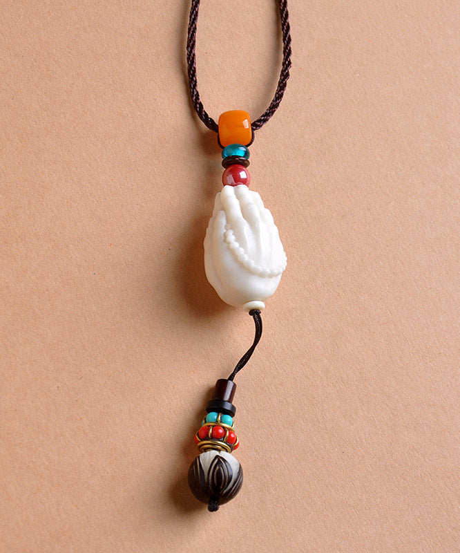 Fashion White Cotton 45% Linen 55% Beeswax Coloured Glaze Lotus Pendant Necklace