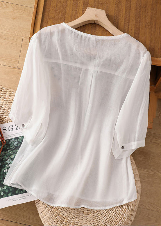 Fashion White Embroideried Patchwork Lace Linen Shirt Short Sleeve