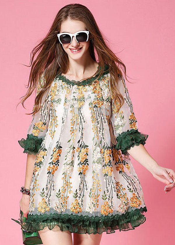 Fashion White Embroideried Patchwork Organza Day Dress Spring