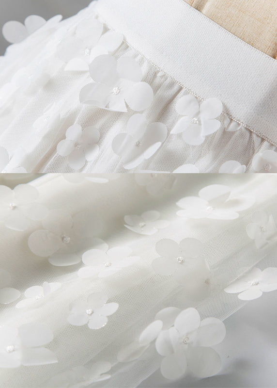 Fashion White Floral Decorated High Waist Tulle Skirt Summer