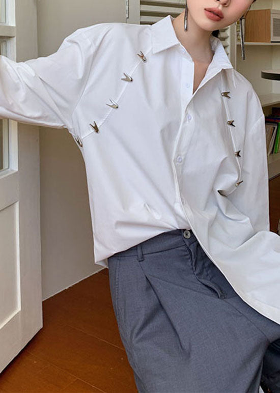 Fashion White Peter Pan Collar Metal Patchwork Cotton Shirts Top Spring