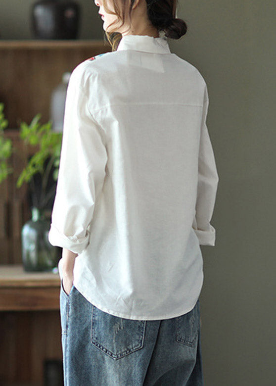 Fashion White Peter Pan Collar Print Button Linen Shirt Long Sleeve