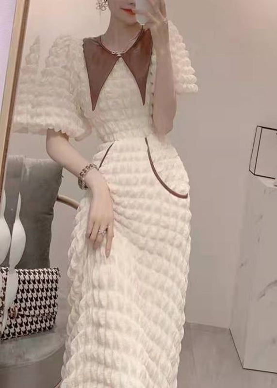 Fashion White Peter Pan Collar Tunic Faux Leather Long Dress Short Sleeve