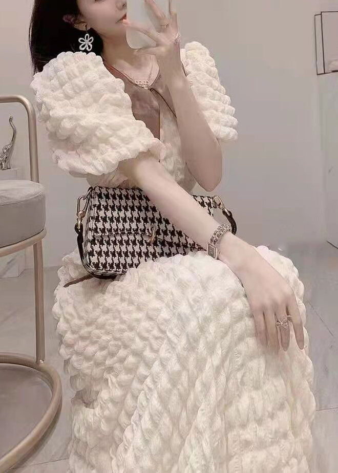 Fashion White Peter Pan Collar Tunic Faux Leather Long Dress Short Sleeve