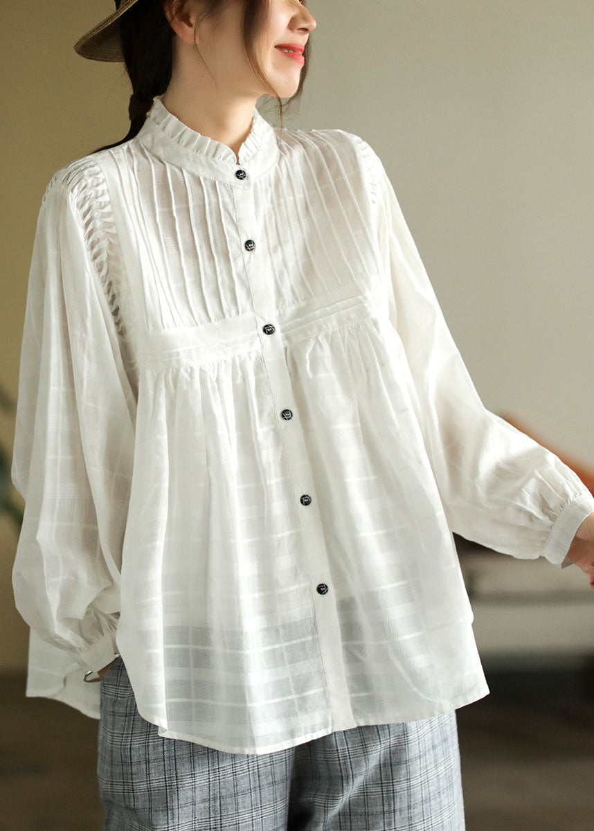 Fashion White Ruffled Patchwork Wrinkled Exra Large Hem Cotton Shirts Spring