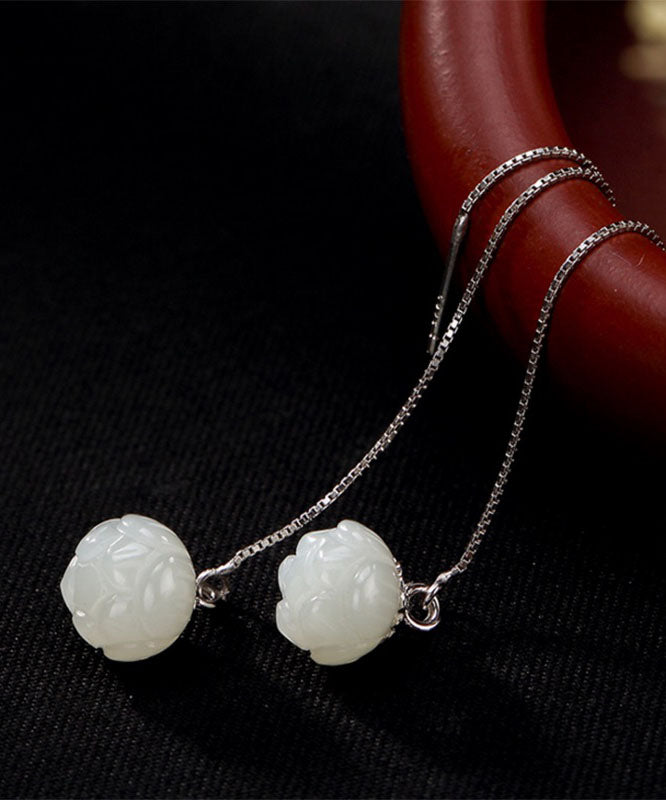 Fashion White Sterling Silver Inlaid Jade Lotus Drop Earrings
