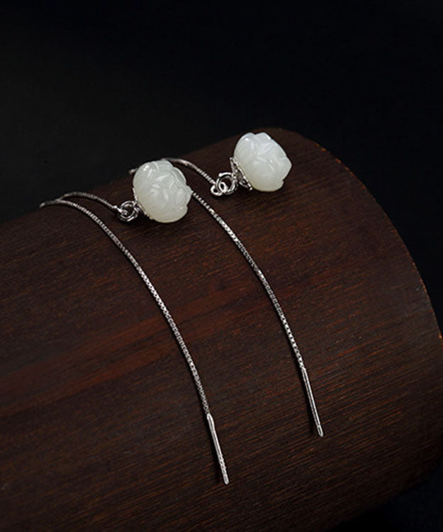 Fashion White Sterling Silver Inlaid Jade Lotus Drop Earrings