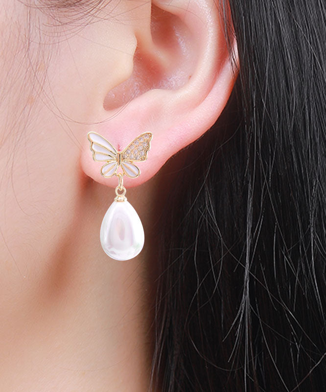 Fashion White Sterling Silver Zircon Butterfly Shell Water Drop Drop Earrings