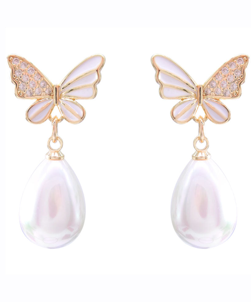 Fashion White Sterling Silver Zircon Butterfly Shell Water Drop Drop Earrings