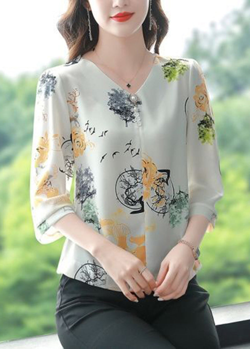 Fashion White V Neck Yellow Flower Print Chiffon Shirts Bracelet Sleeve