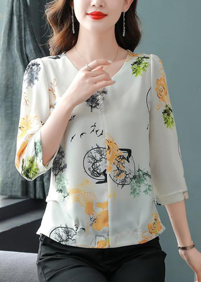 Fashion White V Neck Yellow Flower Print Chiffon Shirts Bracelet Sleeve